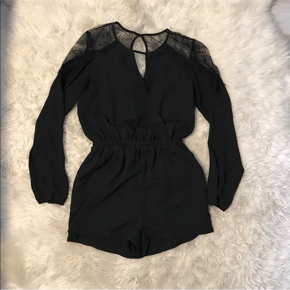 bebe Black Long-Sleeve Lace Shoulder Romper